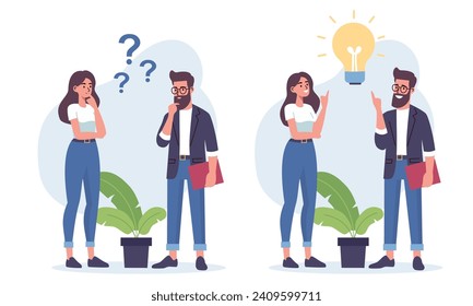 Ilustración vectorial plana. Una mujer y un hombre están discutiendo temas, pensando en tomar una decisión, con una idea. El concepto de encontrar la solución y la idea adecuadas