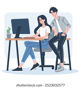 Flat vector illustration. Woman and man working together in office, joint work. Woman is working at the computer and man is watching 