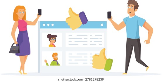 Flat vector illustration of woman and man showing thumbs up with checklist on laptop screen