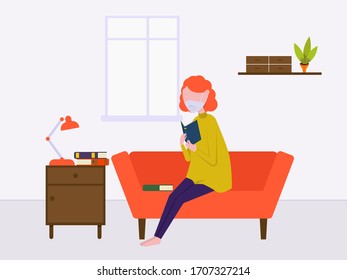 Flat vector illustration: woman in medical mask reads a book at home.