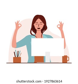 Flat vector illustration of a woman meditating in the workplace, sitting in front of a computer. The concept of relaxation and meditation during the working day to avoid stress and burnout.