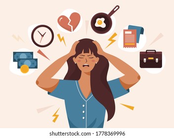 Flat vector illustration of woman with open mouth, clutching at head with both hands. She suffers from headache, panic, fright, depression. Stress, irritation factors, housekeeping, overwork, badmood