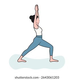 Flat vector illustration of a woman performing Warrior I Pose (Virabhadrasana I) in yoga. Great for concepts related to strength, wellness, balance, exercise, fitness, and mental focus.
