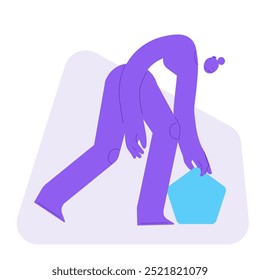 Flat vector illustration of a woman, picking up abstract form from the floor. Tiredness and burnout concept. Full body character, bending over to pick an item.  