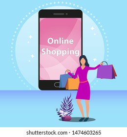 Flat vector illustration of a woman in pink dress, holding shopping bags. Words Online Shopping displayed on the mobile screen. Online shopping and sale concept vector illustration. Blue background.