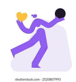Flat vector illustration of a woman, playfully holding two abstract items in hands. Full body character for choosing easily heart and abstract circle. Choice between options, making and evaluating.