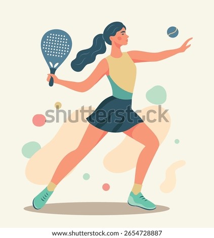 Flat vector illustration of woman playing padel tennis. Active sportive pose with racket. Ideal for modern sports, fitness and healthy lifestyle themes
