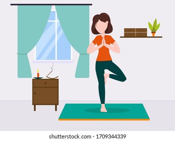 Flat vector illustration: woman practices yoga at home.