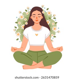 Flat vector illustration of a woman practicing yoga and mindfulness. Mindful lifestyle and inner harmony concept in pastel tones.