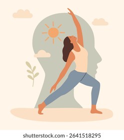 Flat vector illustration of a woman practicing yoga with a head silhouette in the background, symbolizing mental health, balance, mindfulness, and inner peace. Perfect for wellness and therapy themes