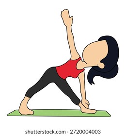 Ilustración vectorial plana de una mujer practicando Yoga Triangle Pose (Trikonasana). Esta clásica asana de yoga de pie mejora la flexibilidad, el equilibrio, la postura y la fuerza. Perfecto para materiales de entrenamiento de yoga, App de fitness, contenido de meditación, marca de bienestar, diseños de atención plena y visuales de estilo de vida saludable. Aislado sobre fondo blanco.