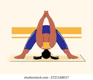 Ilustración vectorial plana de una mujer practicando pose de yoga de flexión hacia adelante de pierna ancha en una estera. Estilo minimalista, colores tranquilos, concepto de bienestar y atención plena.