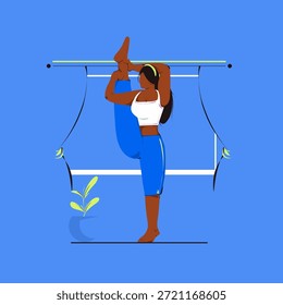 Ilustración vectorial plana de una mujer practicando pose de yoga de pie con la pierna levantada. Estilo minimalista moderno, colores vibrantes, fitness, equilibrio, flexibilidad y concepto de bienestar.