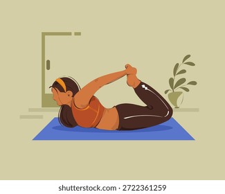 Flat vector illustration of a woman practicing yoga bow pose on a mat at home. Ideal for wellness, flexibility, mindfulness, home workout, and healthy lifestyle concepts.