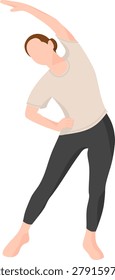 Flat vector illustration of a woman practicing standing side bend yoga pose. Healthy lifestyle, body stretching, flexibility training, wellness and fitness concept isolated on dark background.