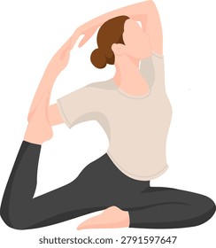 Flat vector illustration of a woman practicing mermaid yoga pose. Advanced flexibility exercise for balance, mobility and body stretching.