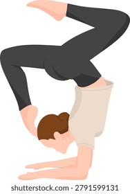 Flat vector illustration of a woman practicing headstand yoga pose. Advanced inversion exercise for balance, strength and flexibility.
