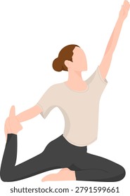 Flat vector illustration of a woman practicing seated mermaid variation yoga pose. Flexibility and stretching exercise for wellness and healthy lifestyle.