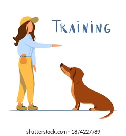 Flat vector illustration. Woman, professional pet instructor teach, and training domestic dog  command sit in pet center or school,  cynological club in lesson. Design for poster, banner, flyer, web. svg