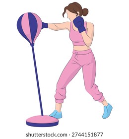 Flat vector illustration of a woman punching a boxing bag. Female athlete practicing strike technique. Boxing workout, strength training and active lifestyle concept isolated on white background.