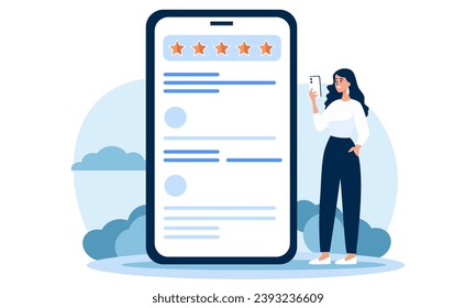 Flat vector illustration. A woman is rating an app. A high rating of five stars. Illustration for a request to rate the work