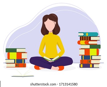Flat vector illustration: woman is reading a book.