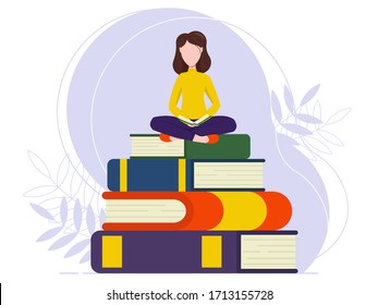 Flat vector illustration: woman is reading a book. A woman is sitting on a stack of books with an open book in her hands.