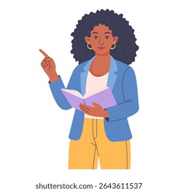 Illustration vectorielle à plat de femme lisant un livre et pointant vers le haut isolée sur fond blanc, concept de femme d'affaires, professeur