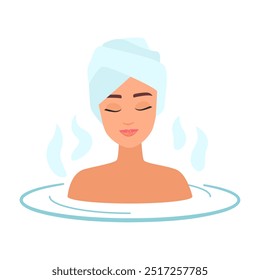 Flat vector illustration of a woman relaxing in a spa bath, perfect for wellness and relaxation themes.