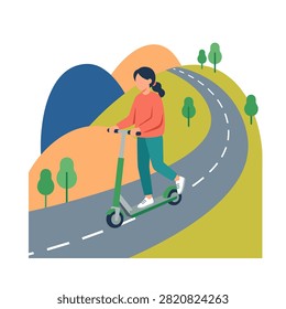 Flat vector illustration of a woman riding an electric scooter on a winding road through colorful hills and green trees.