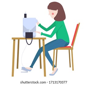 Flat vector illustration: woman sews a medical mask.