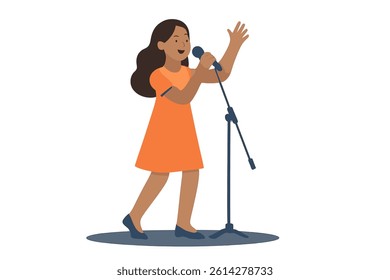 Flat vector illustration of a woman singing on stage with a microphone