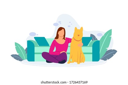 Flat vector illustration of a woman sitting happily in front of a sofa embracing her dog. Activities carried out while quarantine at home.