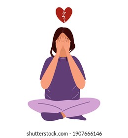 A flat vector illustration of a woman sitting cross-legged, depressed after a breakup, with a broken heart above her head and her face covered with her hands. Isolated drawing on a white background