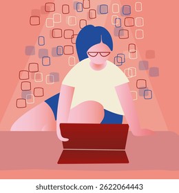 Flat vector illustration of a woman sitting and working with a tablet on a minimalist pink background. Clean lines, modern aesthetics. Ideal for tech blogs, digital nomad content