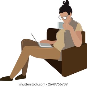 Ilustração vetorial plana de uma mulher sentada em uma poltrona, bebendo café e trabalhando em um laptop. Ideal para tópicos relacionados a trabalho remoto, produtividade, estilo de vida autônomo e configuração de escritório doméstico.