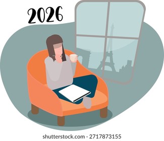 Flat vector illustration of a woman sitting comfortably in an armchair at home, holding a cup of coffee and using a laptop. Cozy indoor scene with a large window showing the Paris skyline and Eiffel Tower in the background. Concept of remote work, freelancing, winter comfort, calm lifestyle, digital nomad, and new year 2026. Modern minimalist style, soft colors, suitable for web, print, and marketing use.