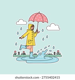 Flat Vector Illustration of Woman Splashing in Spring Rain