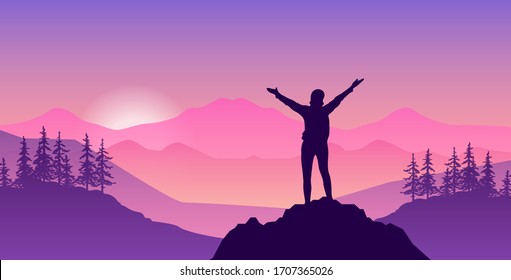 Flat vector illustration woman stand on top of a mountain.Silhouette of tourists on the background mountain landscape with sunrise.