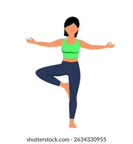 Flat vector illustration of a woman in standing yoga tree pose with arms outstretched. Great for fitness, wellness, balance, and mindfulness concepts