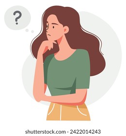 Flat vector illustration. Woman stands in a pensive pose and thinks over the question