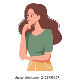 Flat vector illustration. Woman stands in a pensive pose and thinks over the question