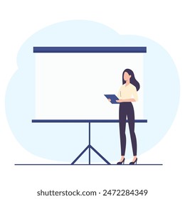 Flat vector illustration. A woman stands next to the banner and smiles, giving a presentation. Presentation and banner for a web site. Place for your text on the banner 