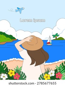 Flat vector illustration of a woman in a straw hat looking out at a tropical beach with a sailboat, airplane, and copy space.