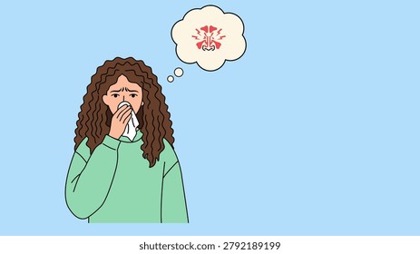 Flat vector illustration of a woman suffering from sinus pain and nasal congestion while holding a tissue. Medical concept of sinusitis, respiratory infection, allergy symptoms, nasal inflammation, cold, flu, healthcare, diagnosis, treatment, and wellness awareness.