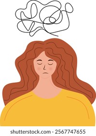 Flat Vector Illustration of a Woman with Tangled Thoughts and a Confused Expression, Woman Feeling Overwhelmed with Tangled Thoughts