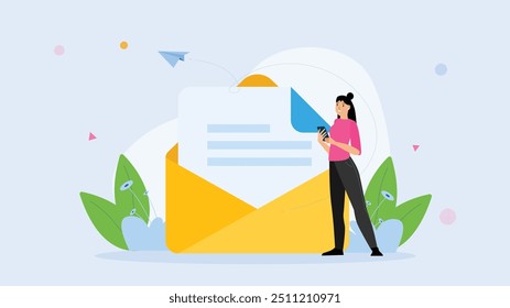 Flache Vektorgrafik einer Frau, die auf ihrem Smartphone SMS mit einem übergroßen Umschlag und einer Papierebene verfasst, die E-Mail- und Messaging-Konzepte darstellt.

