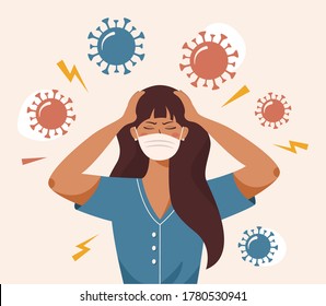 Flat vector illustration of a woman that clutches at head with both hands. Covid 19 causes headache, panic, fright, depression. Stress, irritation from coronavirus, badmood