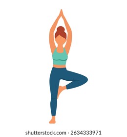 Ilustração de vetor plano de uma mulher em pose de árvore com braços levantados acima de sua cabeça. Perfeito para a saúde, ioga, atenção plena e visual relacionado ao equilíbrio