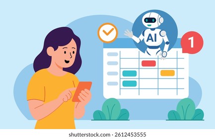Flat vector illustration of a woman using mobile phone while AI assistant manages her schedule. Concept of smart calendar, automation, and artificial intelligence in productivity.